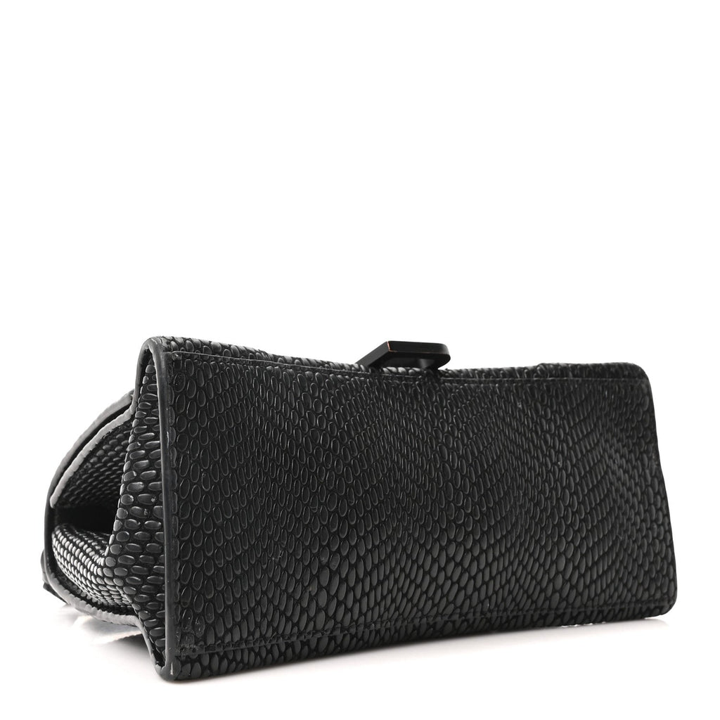 Balenciaga Matte Calfskin Snake Embossed Tonal B Small Hourglass Top Handle Bag Black
