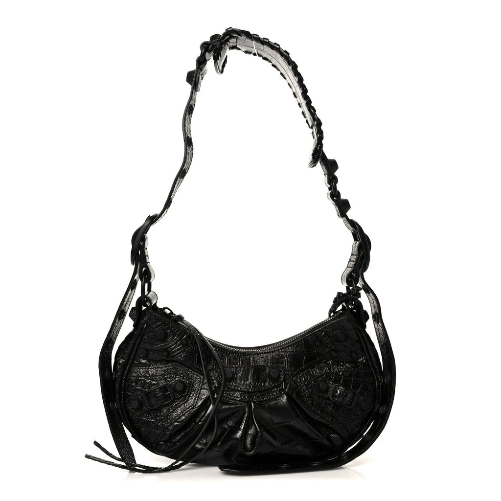 Balenciaga Extra Supple Calfskin Crocodile Embossed Monochrome Le Cagole Shoulder Bag XS Black