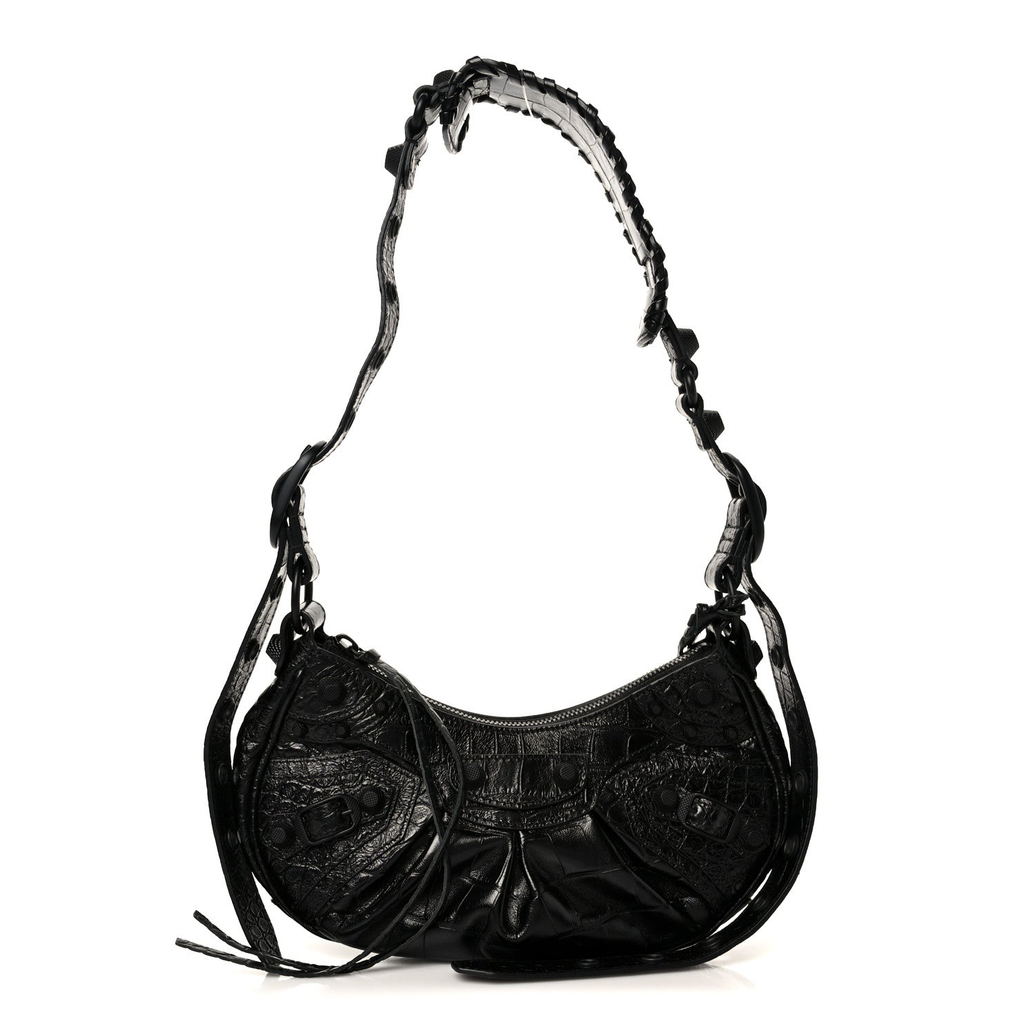Balenciaga Extra Supple Calfskin Crocodile Embossed Monochrome Le Cagole Shoulder Bag XS Black