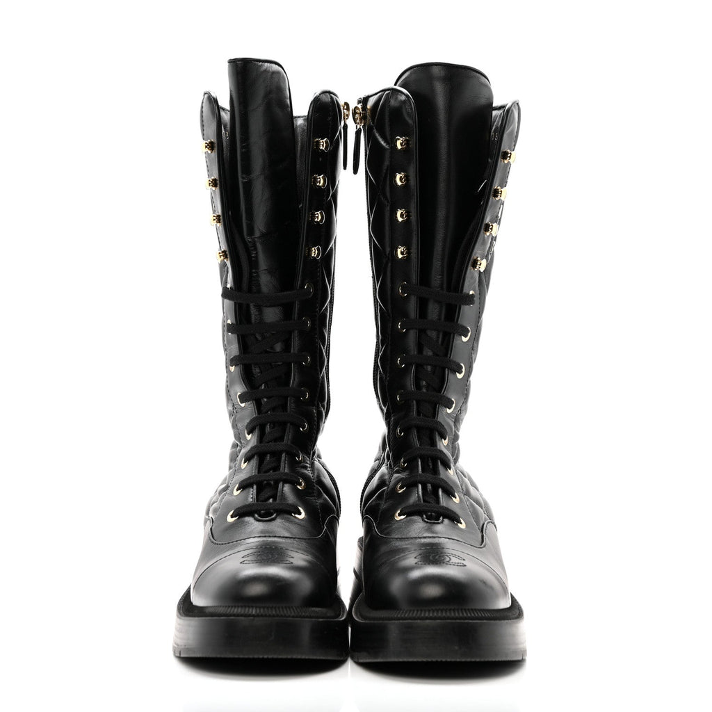 Chanel Calfskin Quilted Logo Lace Up Tall Combat Boots 37.5 Black