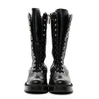 Chanel Calfskin Quilted Logo Lace Up Tall Combat Boots 37.5 Black