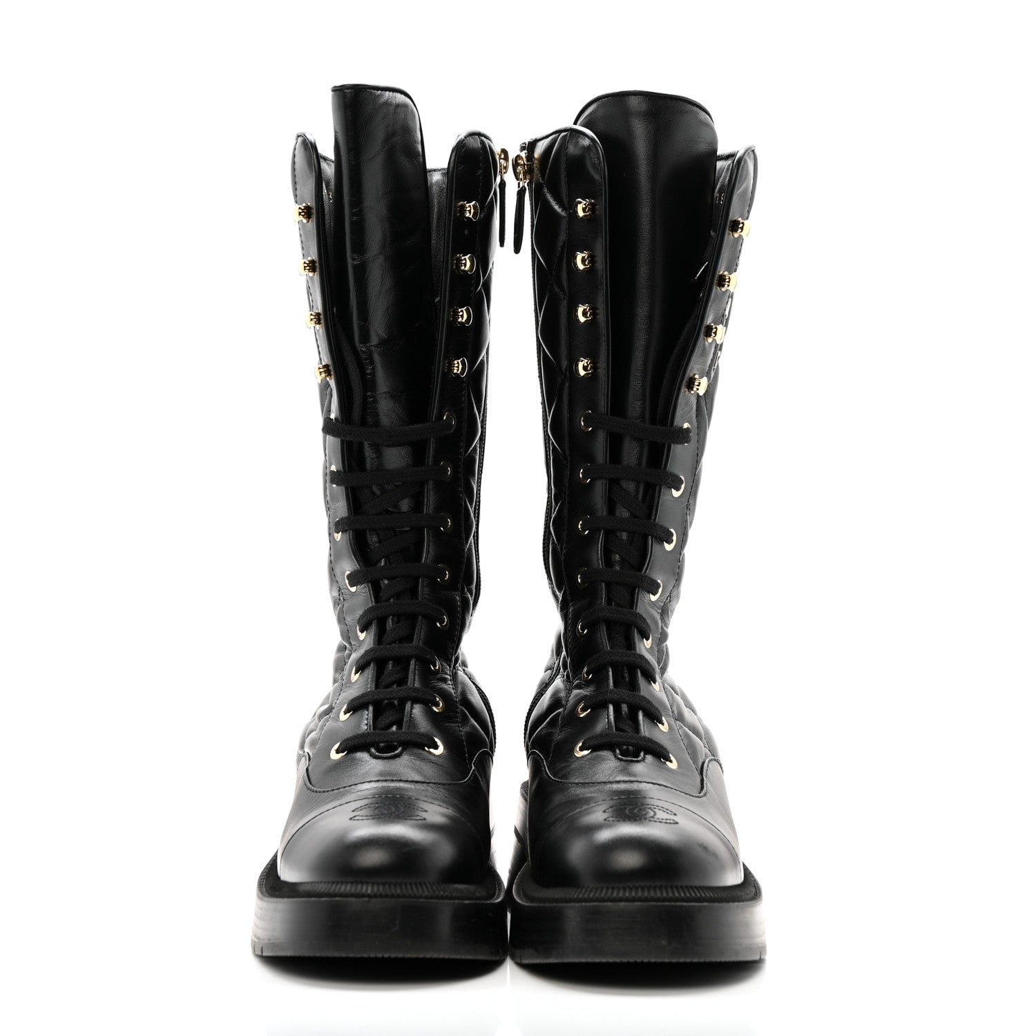 Chanel Calfskin Quilted Logo Lace Up Tall Combat Boots 37.5 Black