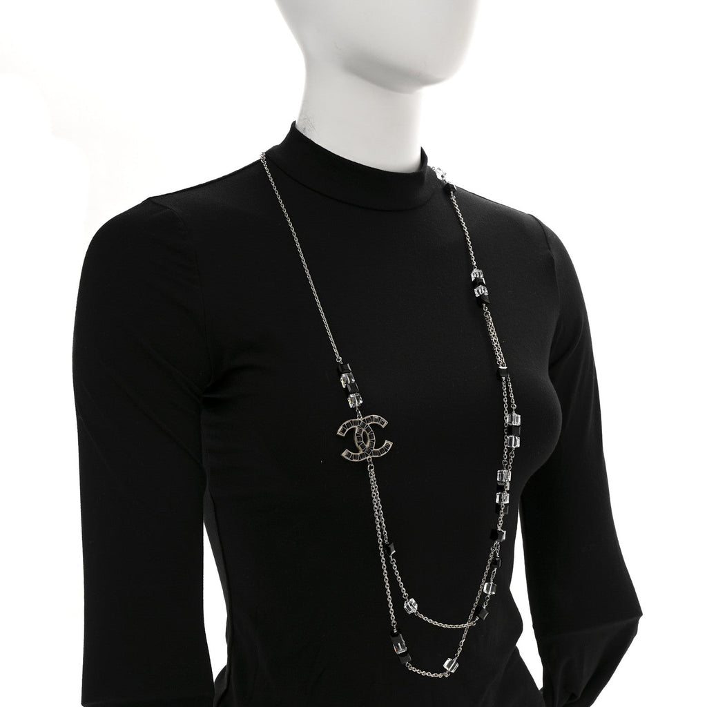 Chanel Crystal Bead CC Long Necklace Silver Black Transparent
