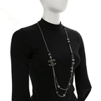 Chanel Crystal Bead CC Long Necklace Silver Black Transparent