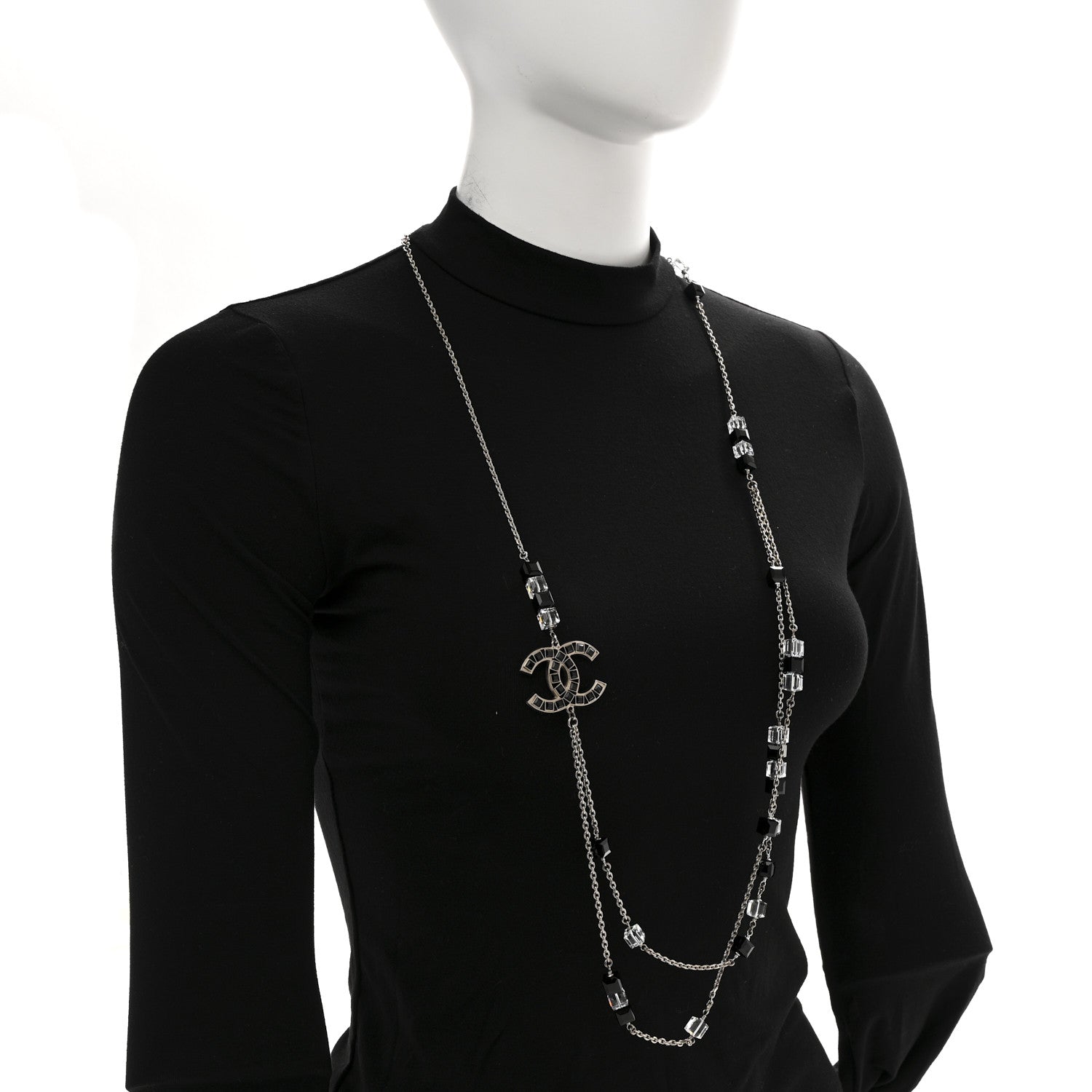 Chanel Crystal Bead CC Long Necklace Silver Black Transparent