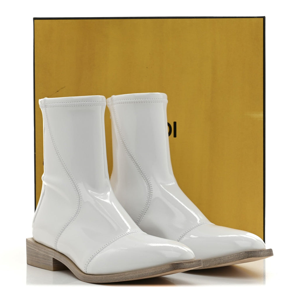 Fendi Glossy Neoprene FFrame Low Ankle Boots 37.5 White