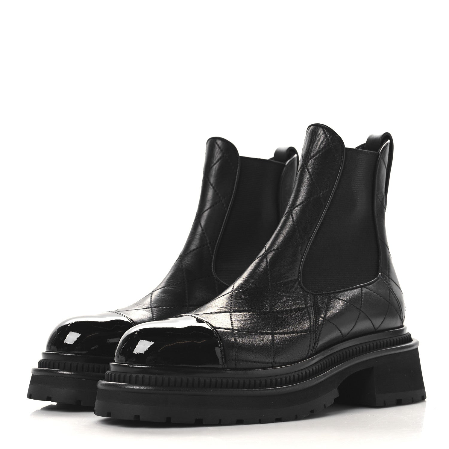 Chanel Calfskin Patent Cap Toe Quilted Short Boots 37 Black