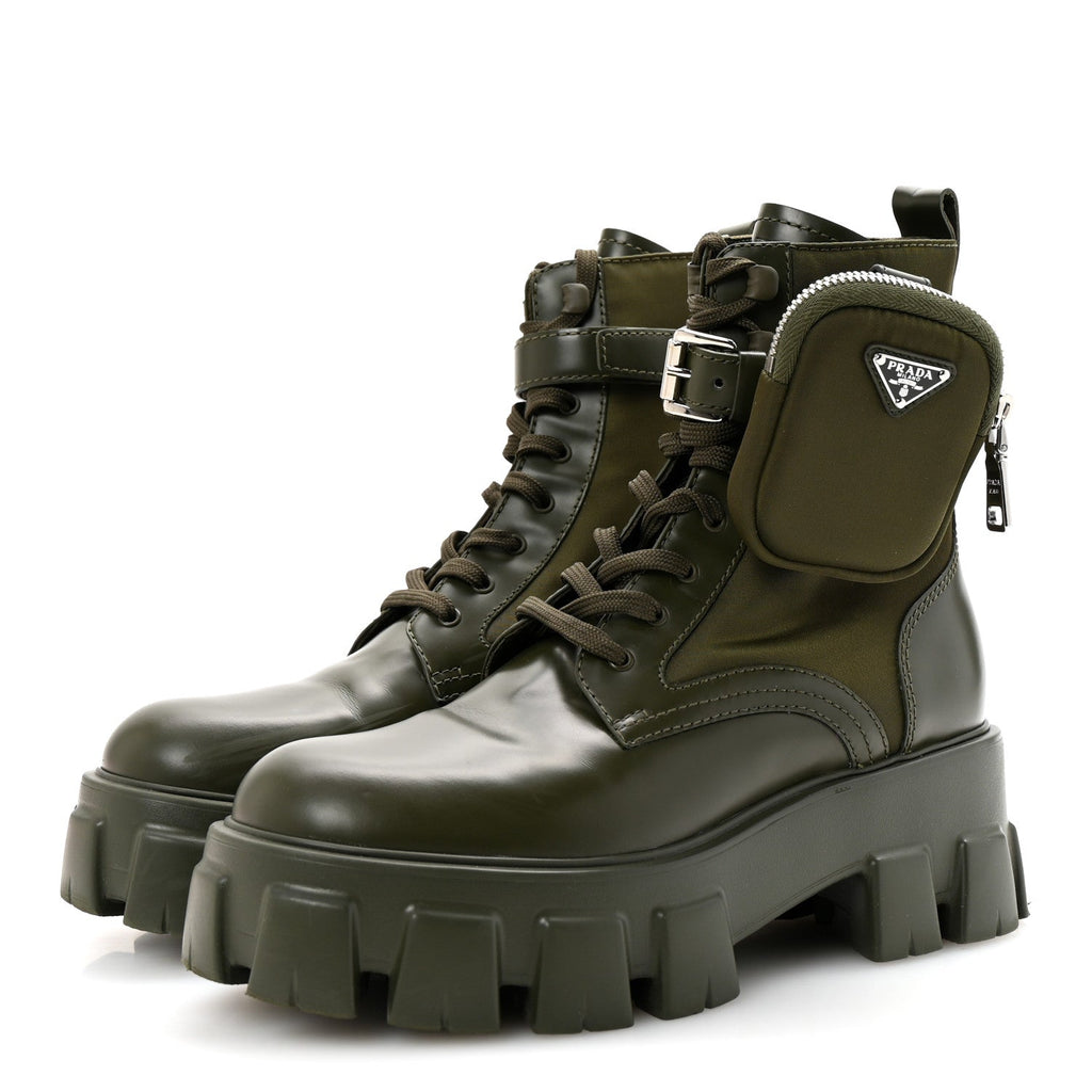 Prada Spazzolato Rois Re-Nylon Metal Triangle Logo Monolith Pouch Pocket 55mm Boots 37.5 Militare