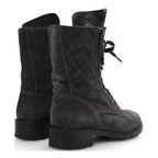 Chanel Suede Quilted CC Tall Lace Up Combat Boots 38 Grey
