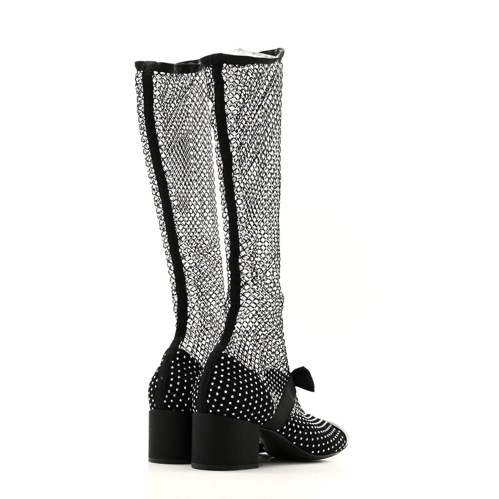 Chanel Mesh Crystal Patent CC Bow High Boots 38.5 Black