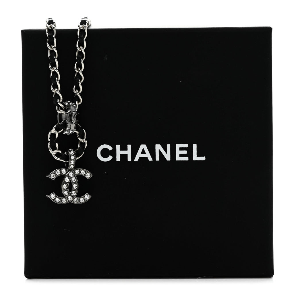Chanel Lambskin Crystal Chain Choker Necklace Silver Black