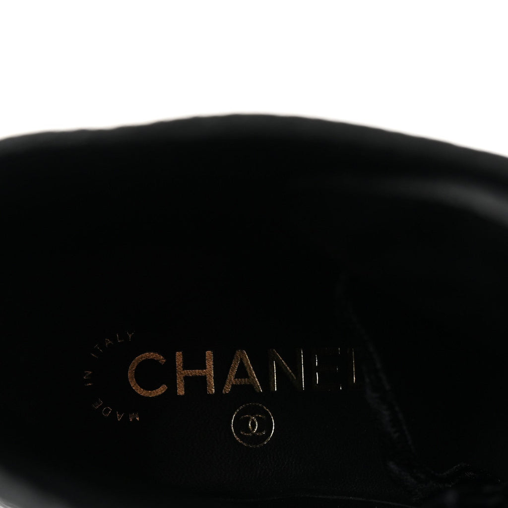 Chanel Shiny Calfskin Velvet Pearl Combat Short Boots 37 Black