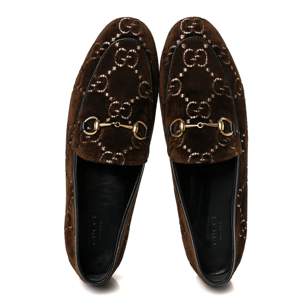 Gucci Velvet GG Monogram Horsebit Womens Jordaan Loafers 40 Brown Black