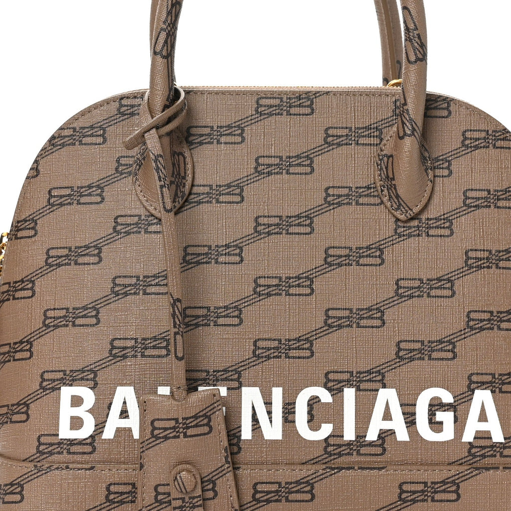 Balenciaga Coated Canvas BB Monogram S Ville Top Handle Bag Beige Brown