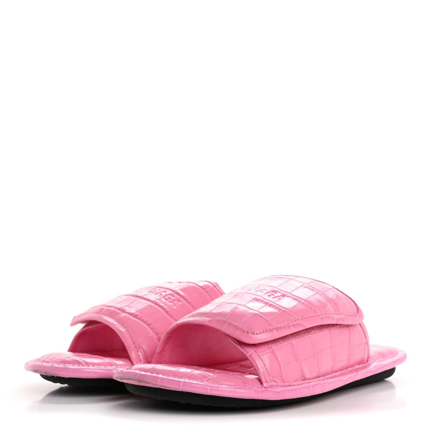 Balenciaga Calfskin Logo Crocodile Embossed Slides 40 Fuxia