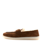 Prada Suede Shearling Triangle Logo Loafer 38.5 Cocoa Brown