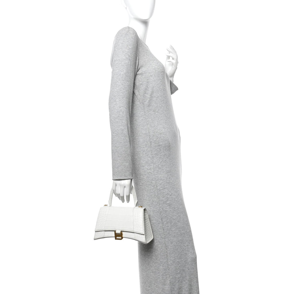 Balenciaga Calfskin Crocodile Embossed Small Hourglass Top Handle Bag White