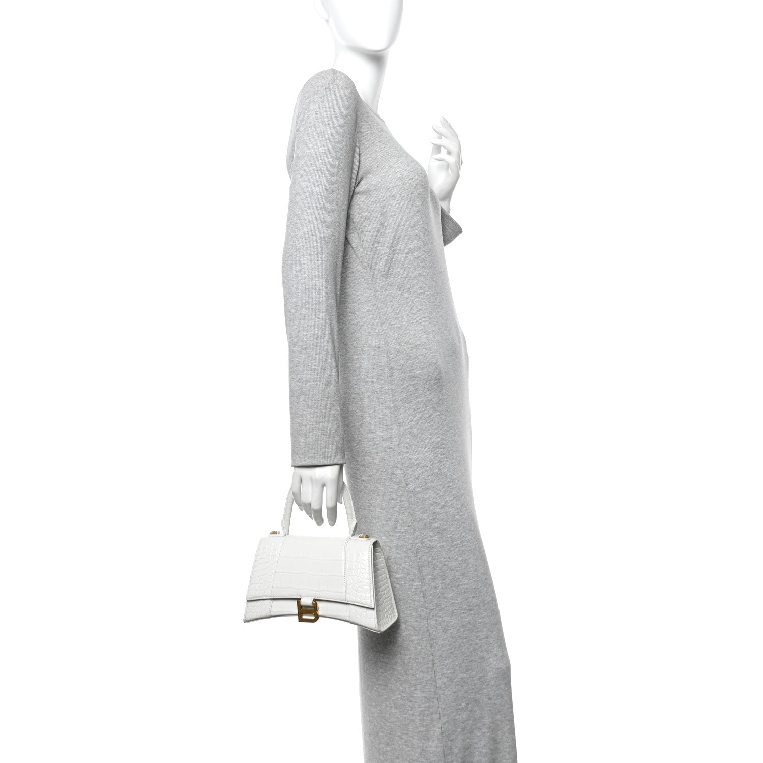 Balenciaga Calfskin Crocodile Embossed Small Hourglass Top Handle Bag White
