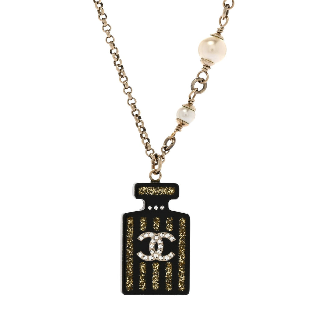 Chanel Resin Strass Pearl Perfume Bottle CC Necklace Black Gold