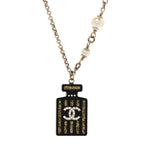 Chanel Resin Strass Pearl Perfume Bottle CC Necklace Black Gold