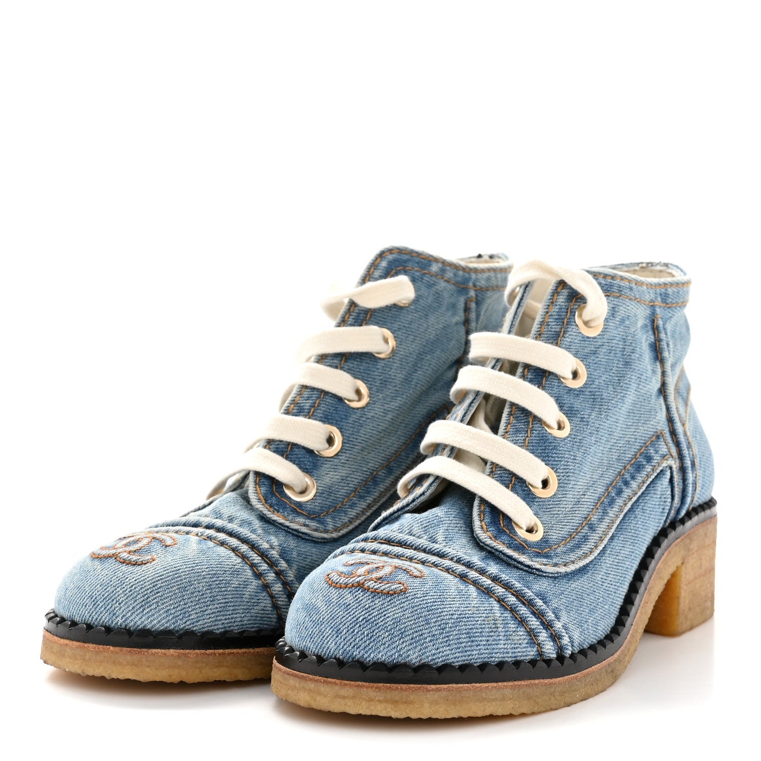 Chanel Denim Lace Up Boots 36 Light Blue