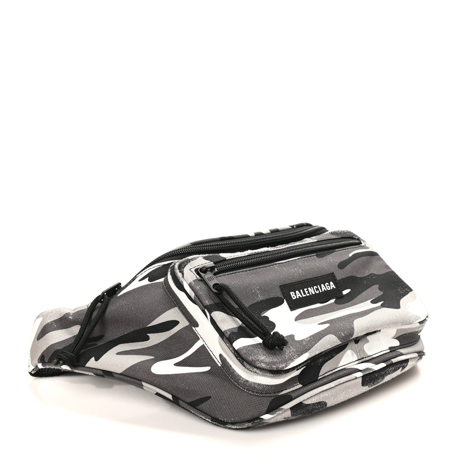 Balenciaga Distressed Nylon Canvas Camo Logo Explorer Beltpack Black White Gray