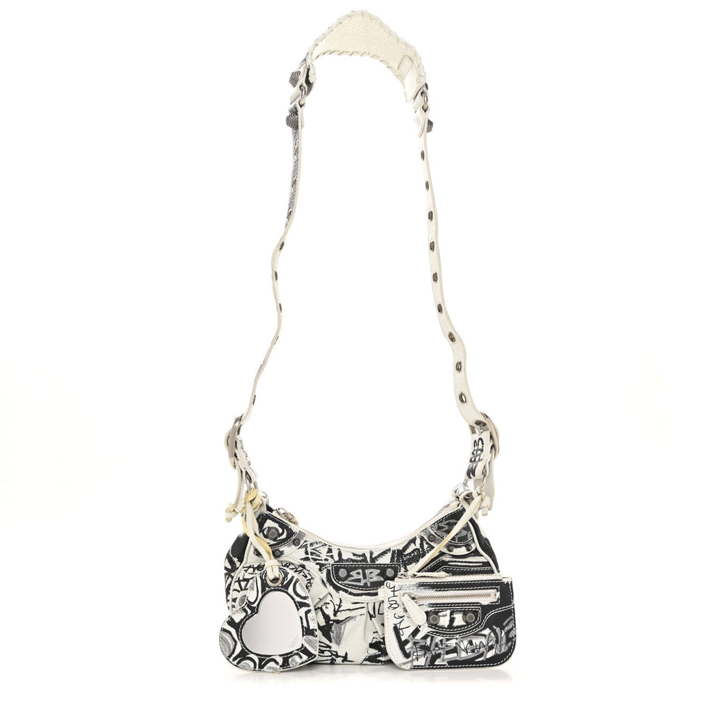Balenciaga Agneau Arena Graffiti Le Cagole Shoulder Bag XS White Black