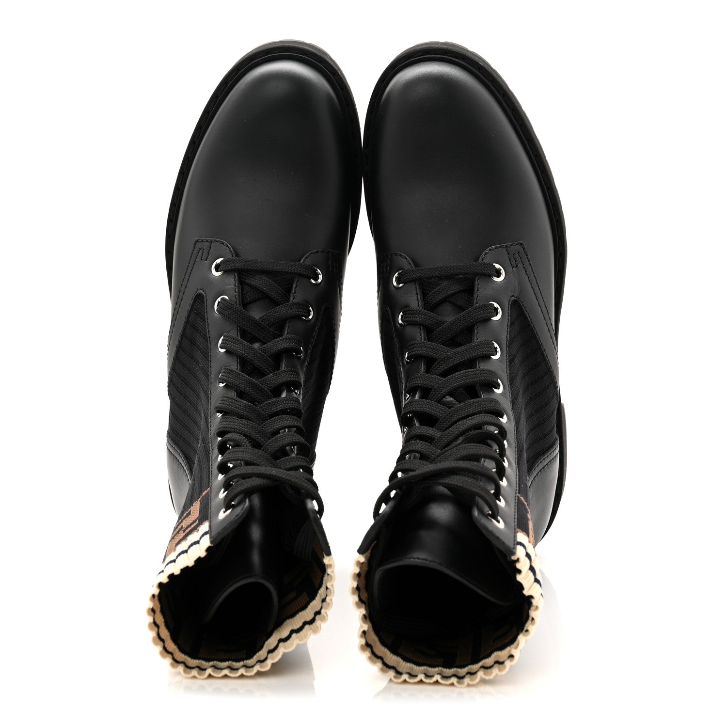 Fendi Calfskin Stretch Fabric Rockoko Biker Boots 37 Tobacco Black Marino