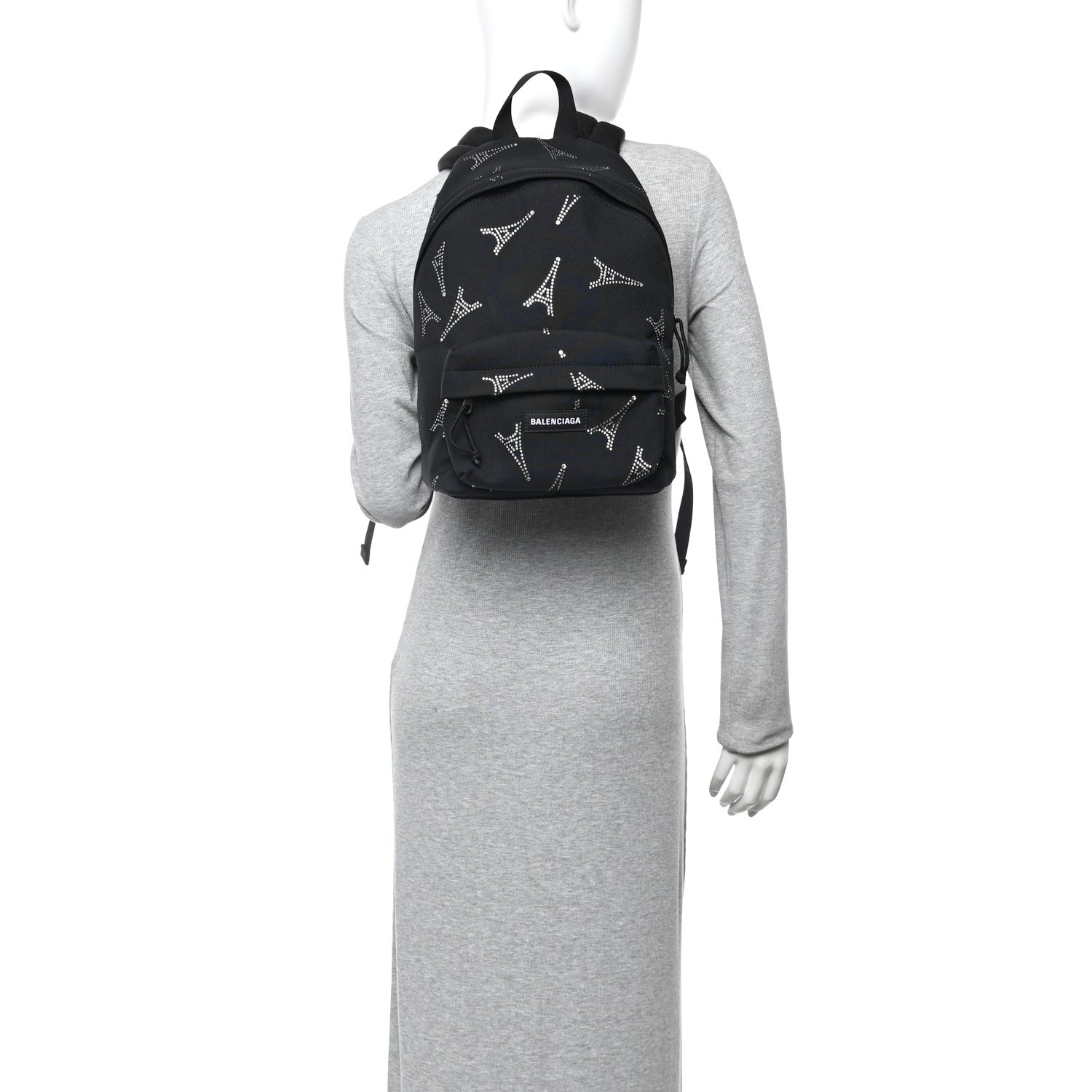 Balenciaga Canvas Crystal Embellished Eiffel Tower Explorer Backpack S Black