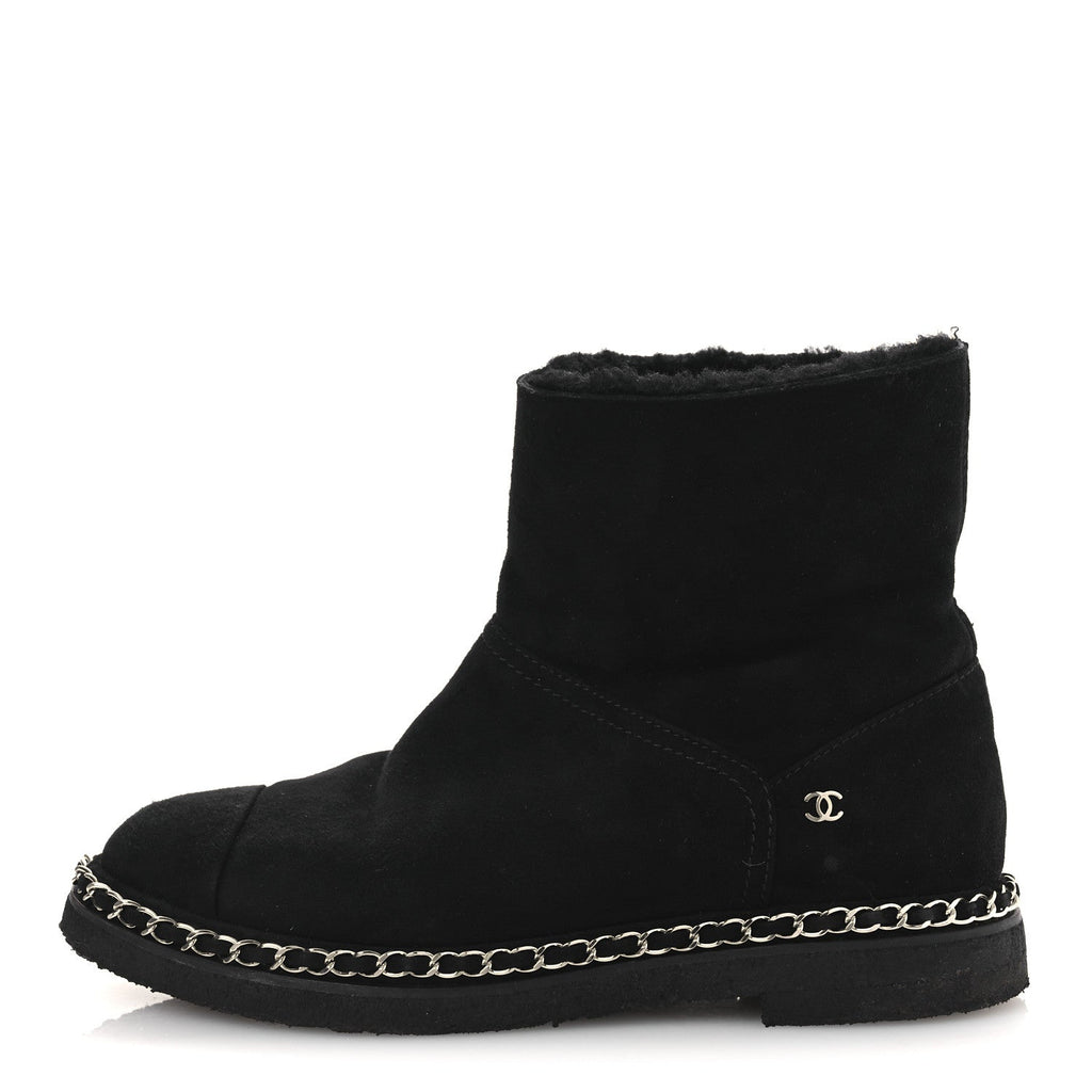 Chanel Kid Suede Shearling Womens Cap Toe Chain Short Boots 38 Black