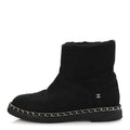 Chanel Kid Suede Shearling Womens Cap Toe Chain Short Boots 38 Black