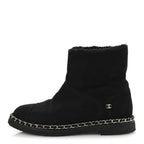 Chanel Kid Suede Shearling Womens Cap Toe Chain Short Boots 38 Black