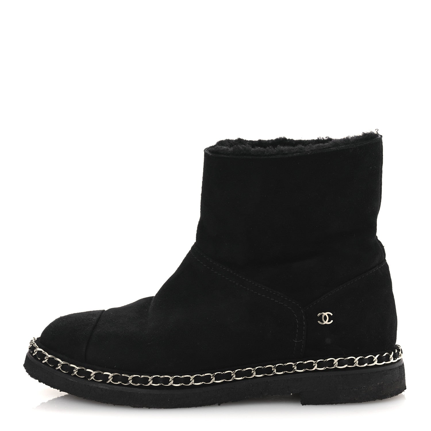 Chanel Kid Suede Shearling Womens Cap Toe Chain Short Boots 38 Black