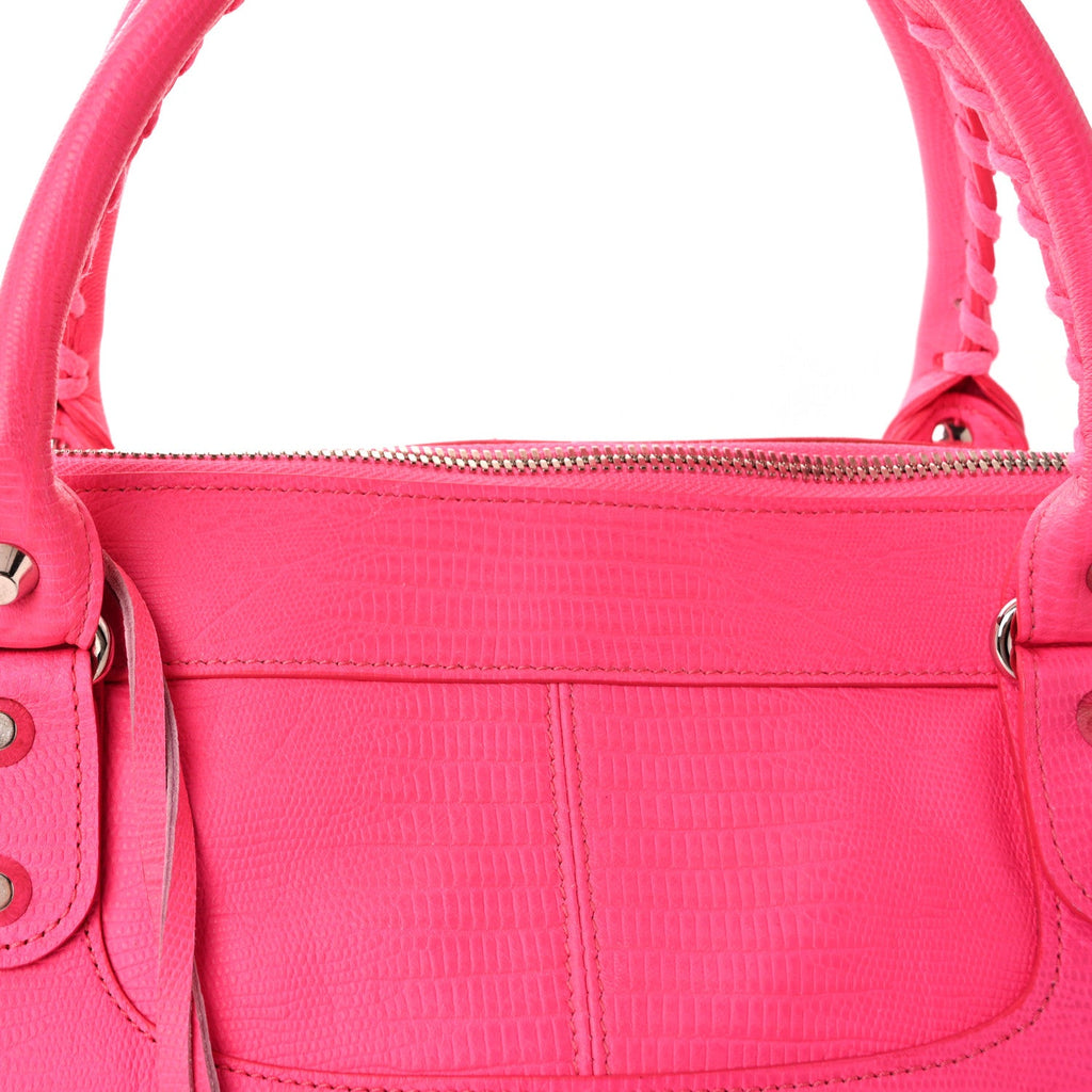 Balenciaga Calfskin Lizard Embossed Silver Hardware Work Rose Fluo