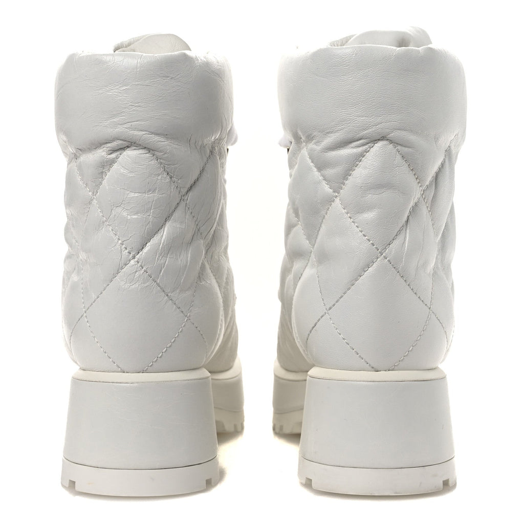 Chanel Crumpled Patent Lambskin Calfskin Quilted Lace Up Combat Boots 37 White Black