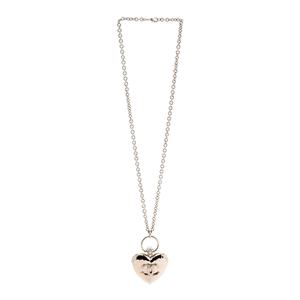 Chanel Metal CC Heart Locket Necklace Gold