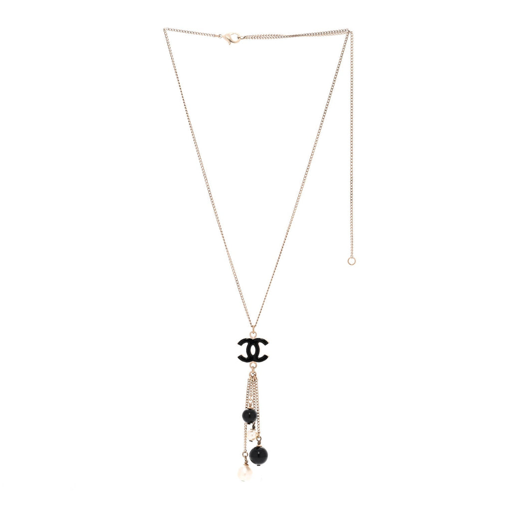Chanel Enamel Bead Pearl CC Drop Necklace Black Gold