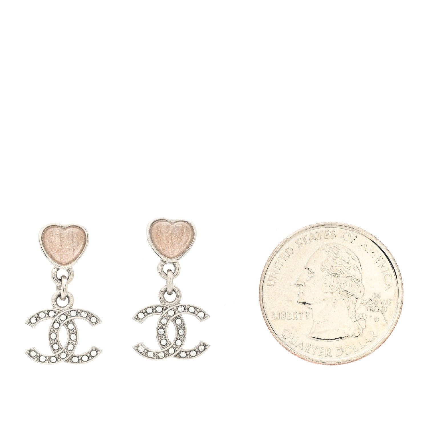 Chanel Crystal Resin CC Heart Drop Earrings Silver Pink