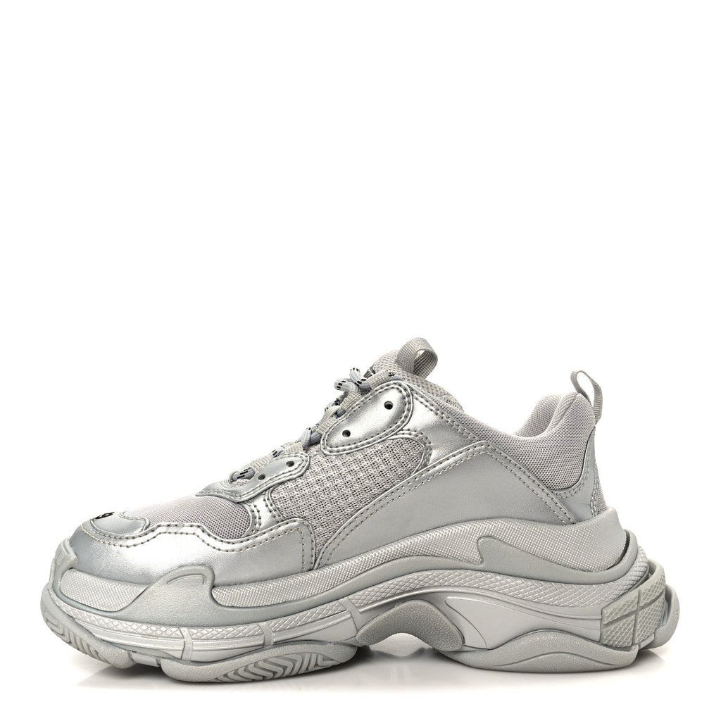 Balenciaga Metallic Fabric Mesh Womens Triple S Sneakers 39 Silver