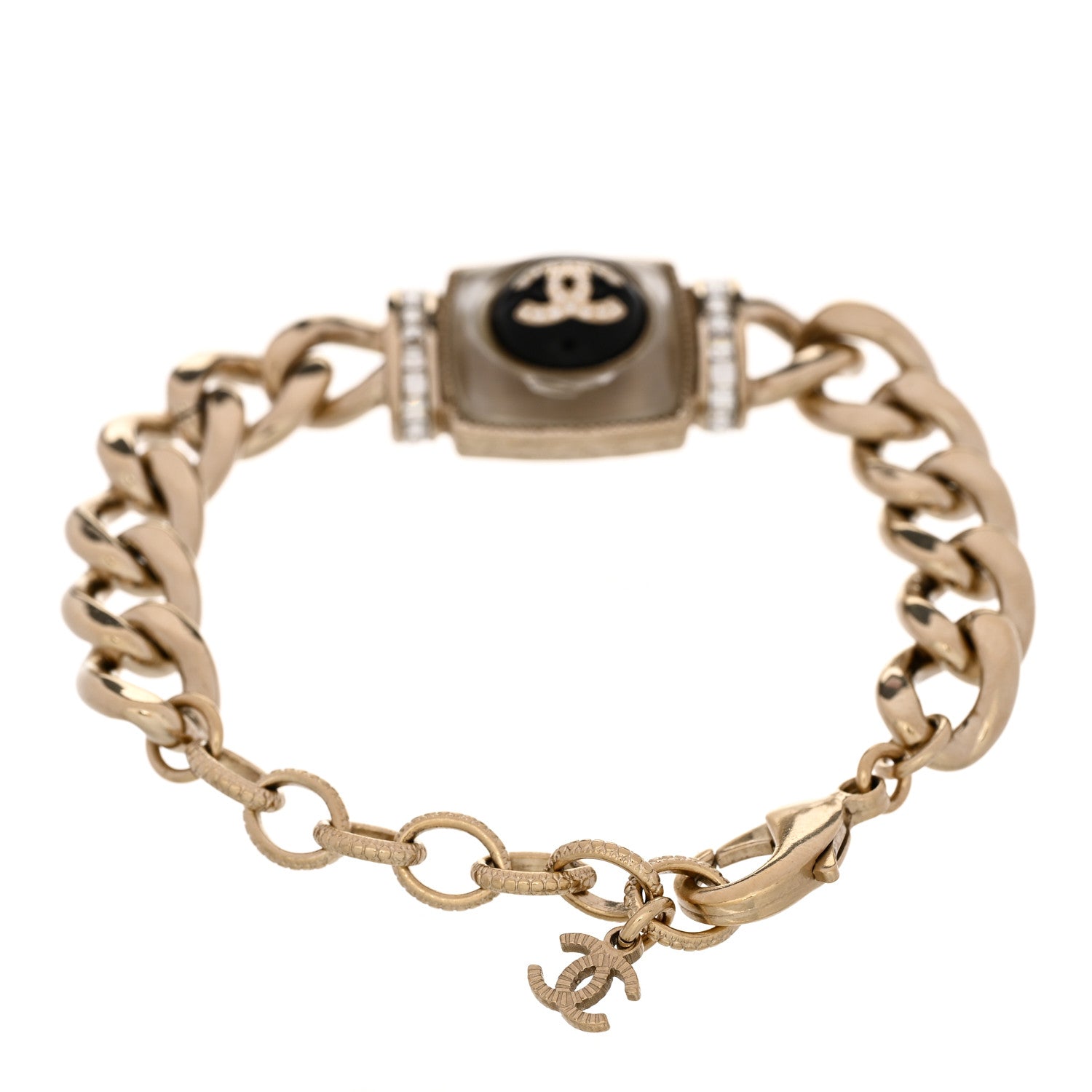 Chanel Metal Glass Pearl Strass CC Pendant Bracelet Gold Black