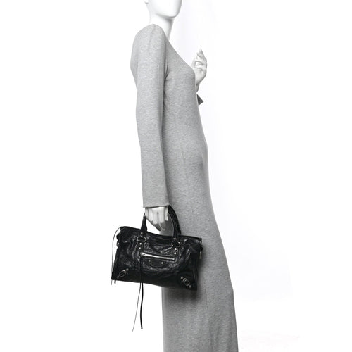 Balenciaga Agneau Arena Storico Silver Hardware Small Le City Black