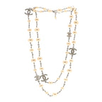 Chanel Graduated Pearl Crystal CC Long Necklace Silver