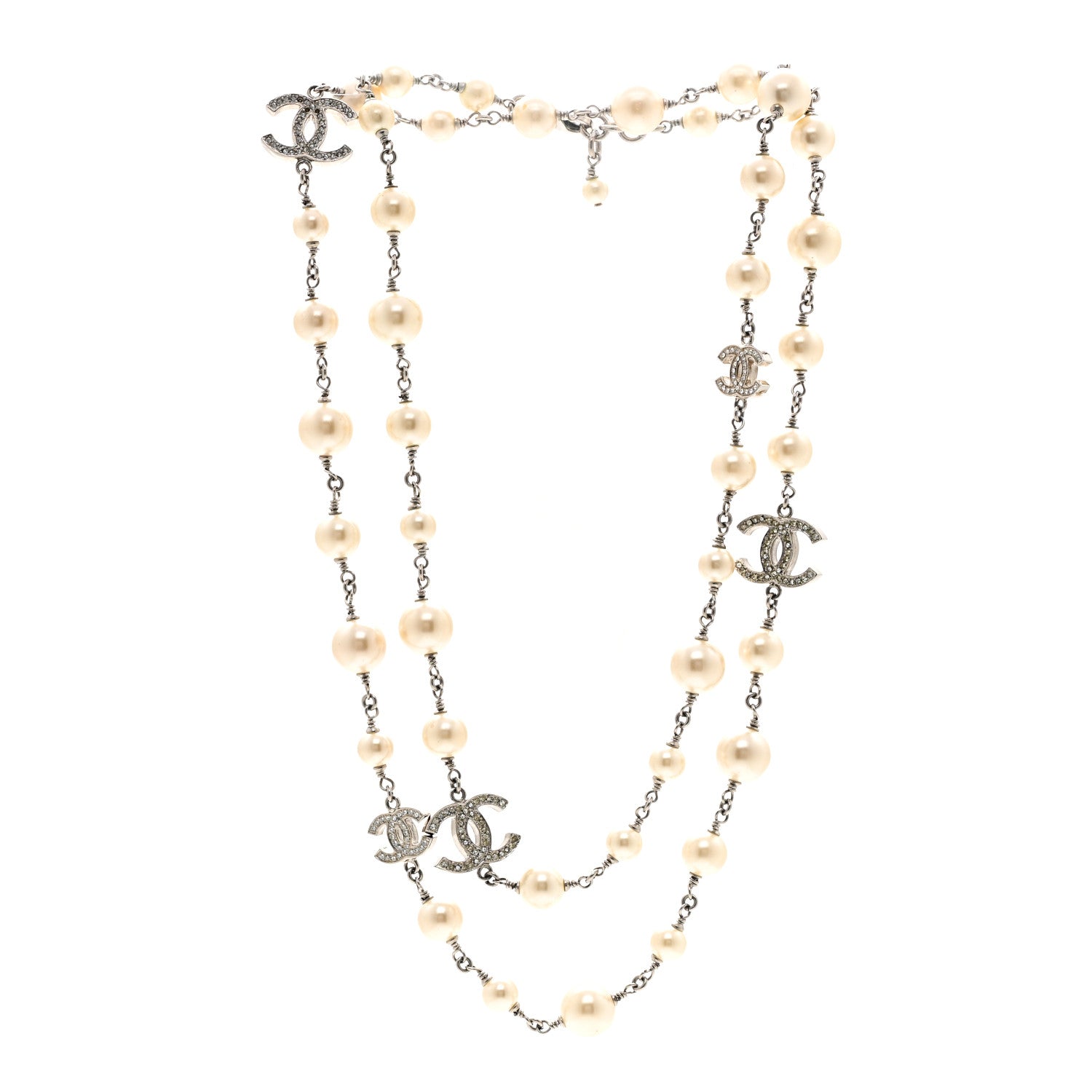Chanel Graduated Pearl Crystal CC Long Necklace Silver