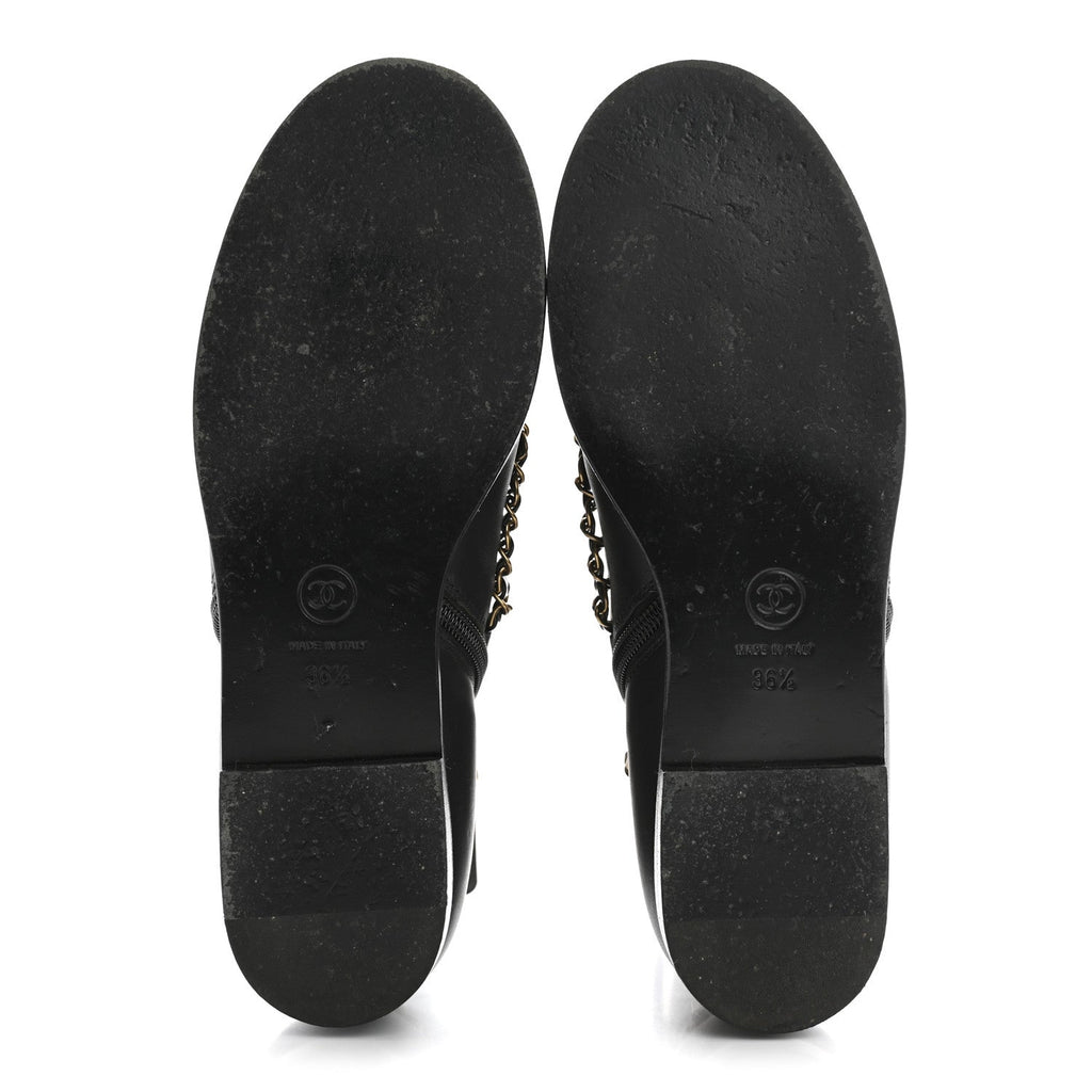 Chanel Calfskin Chain Lace Up Boots 36.5 Black