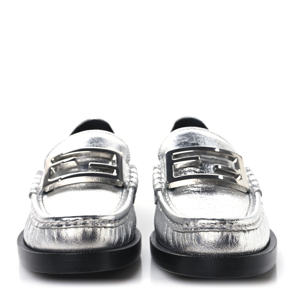 Fendi Metallic Vitello Womens Baguette Loafers 38 Argento