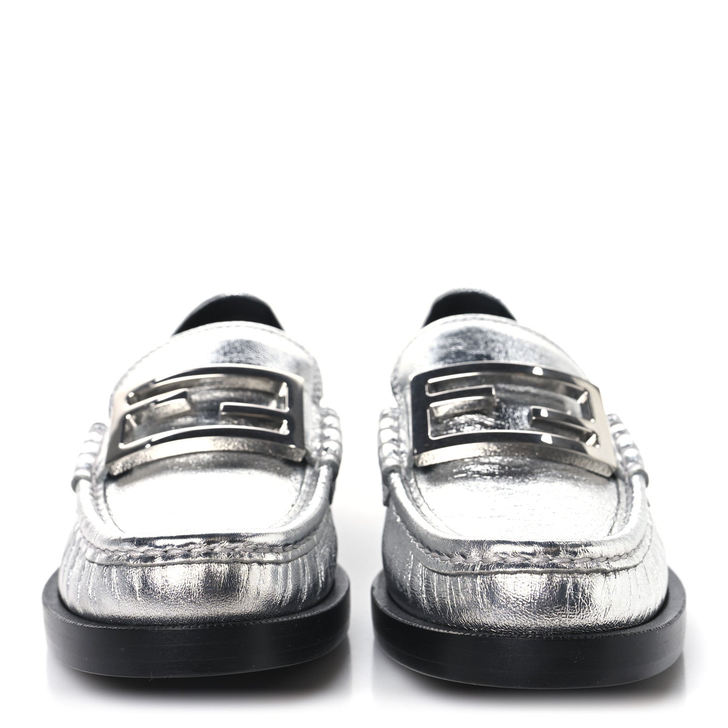 Fendi Metallic Vitello Womens Baguette Loafers 38 Argento