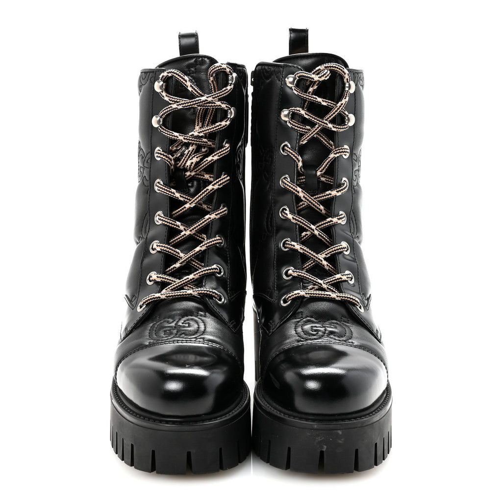 Gucci Cordovan Lux Nappa GG Matelasse Lace Up 60mm Combat Boots 35.5 Black