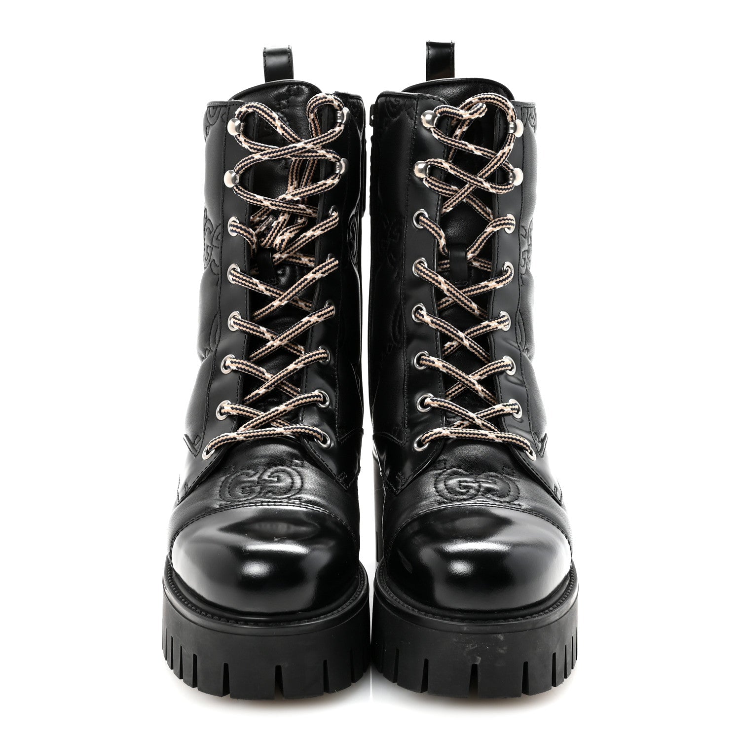 Gucci Cordovan Lux Nappa GG Matelasse Lace Up 60mm Combat Boots 35.5 Black