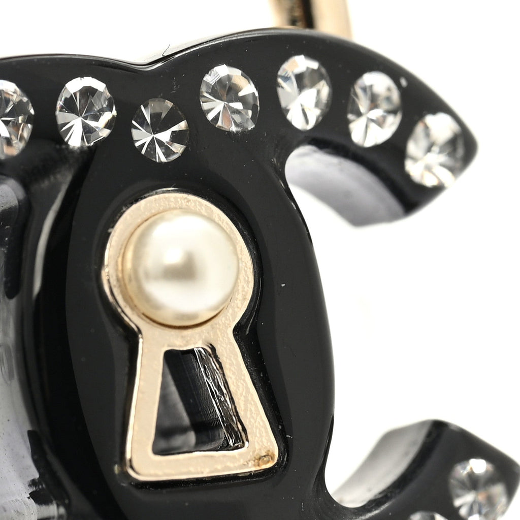 Chanel Metal Resin Crystal Pearl CC Lock Drop Earrings Gold Black