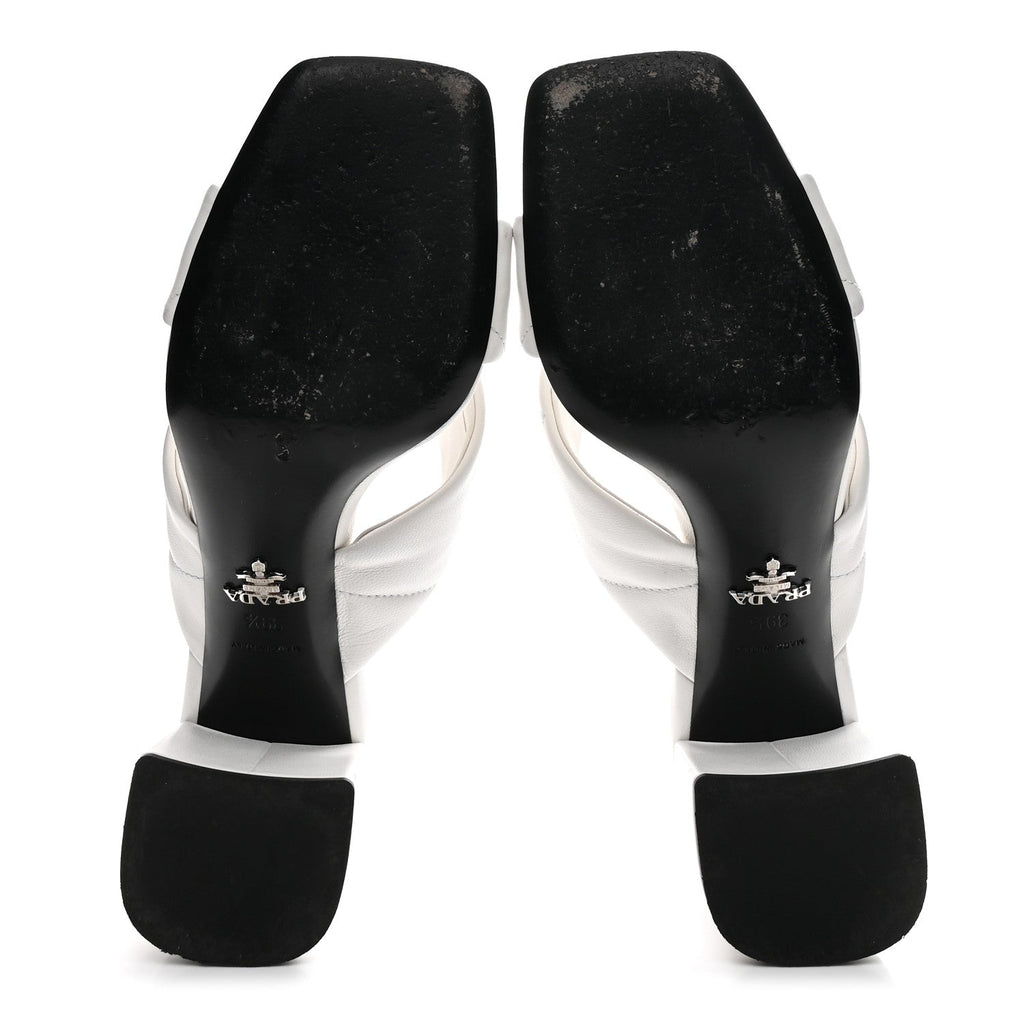 Prada Nappa Logo Quilted Crisscross 65mm Block Heel Slide Sandals 39.5 White